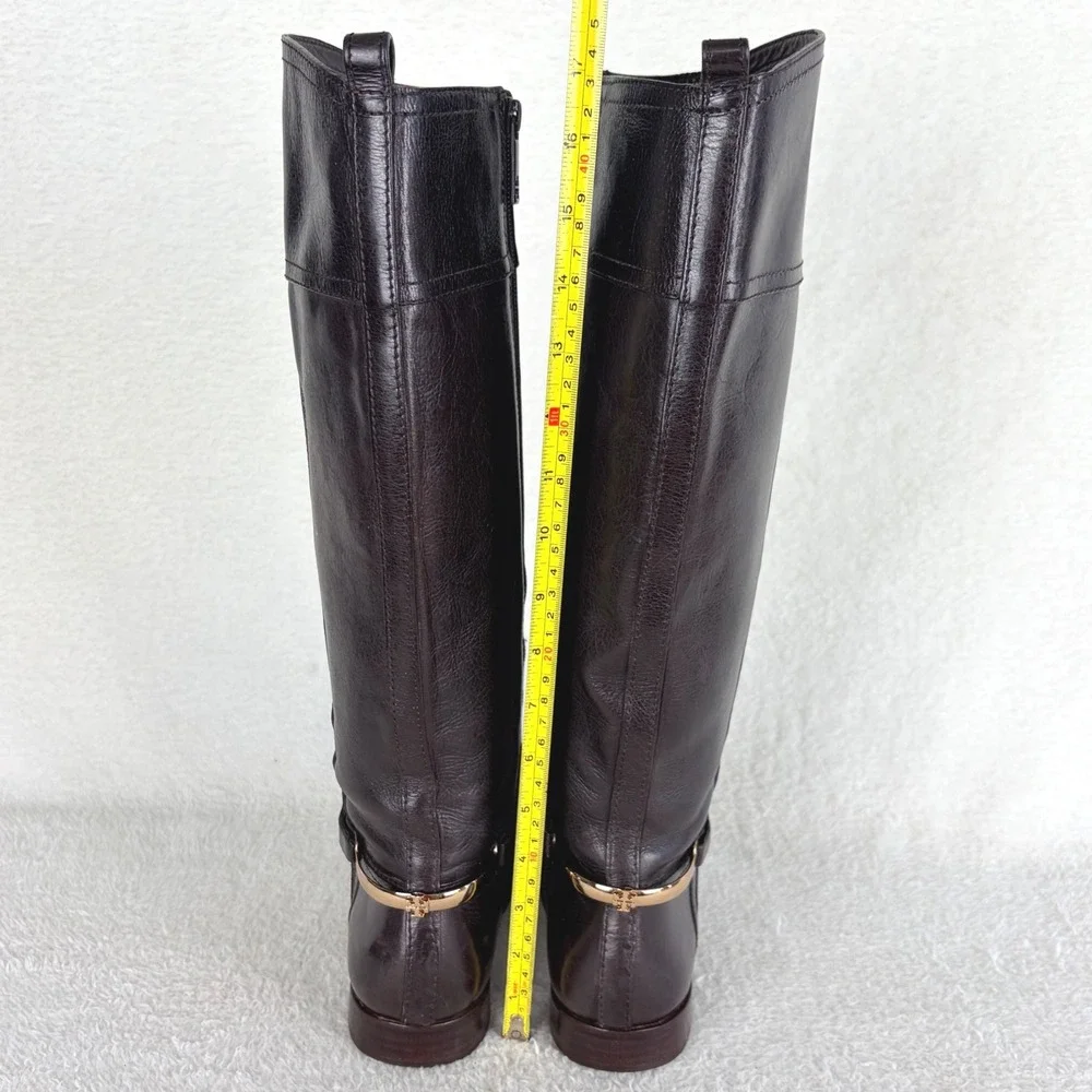 Tory Burch Jess Dark Brown Leather Knee High Riding Boots Gold‎ Horsebit 7.5M